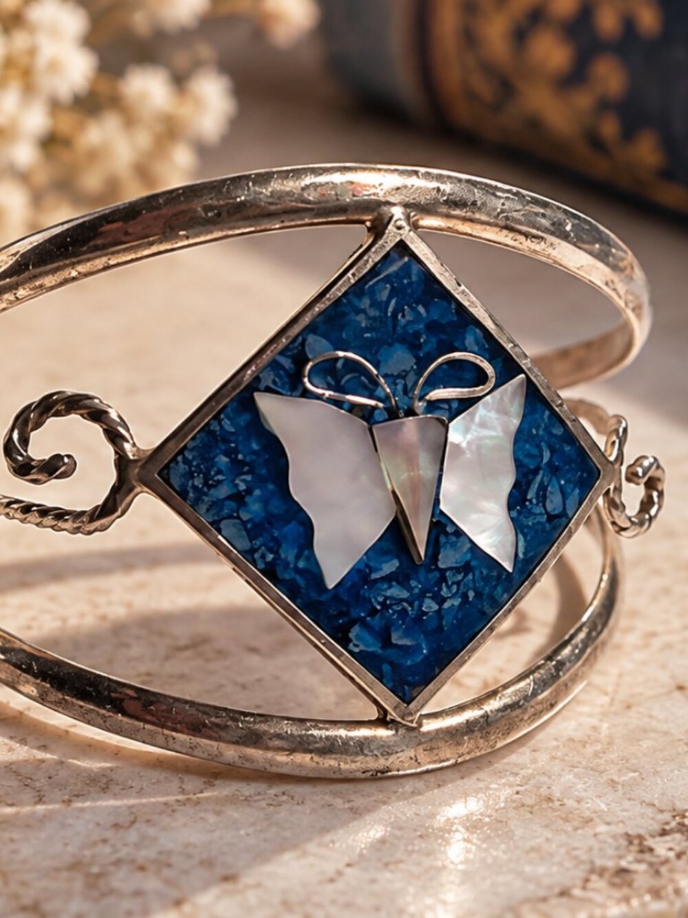 Vintage Southwestern Alpaca Silver Butterfly Inlay Cuff Bracelet Blue Turq / MOP